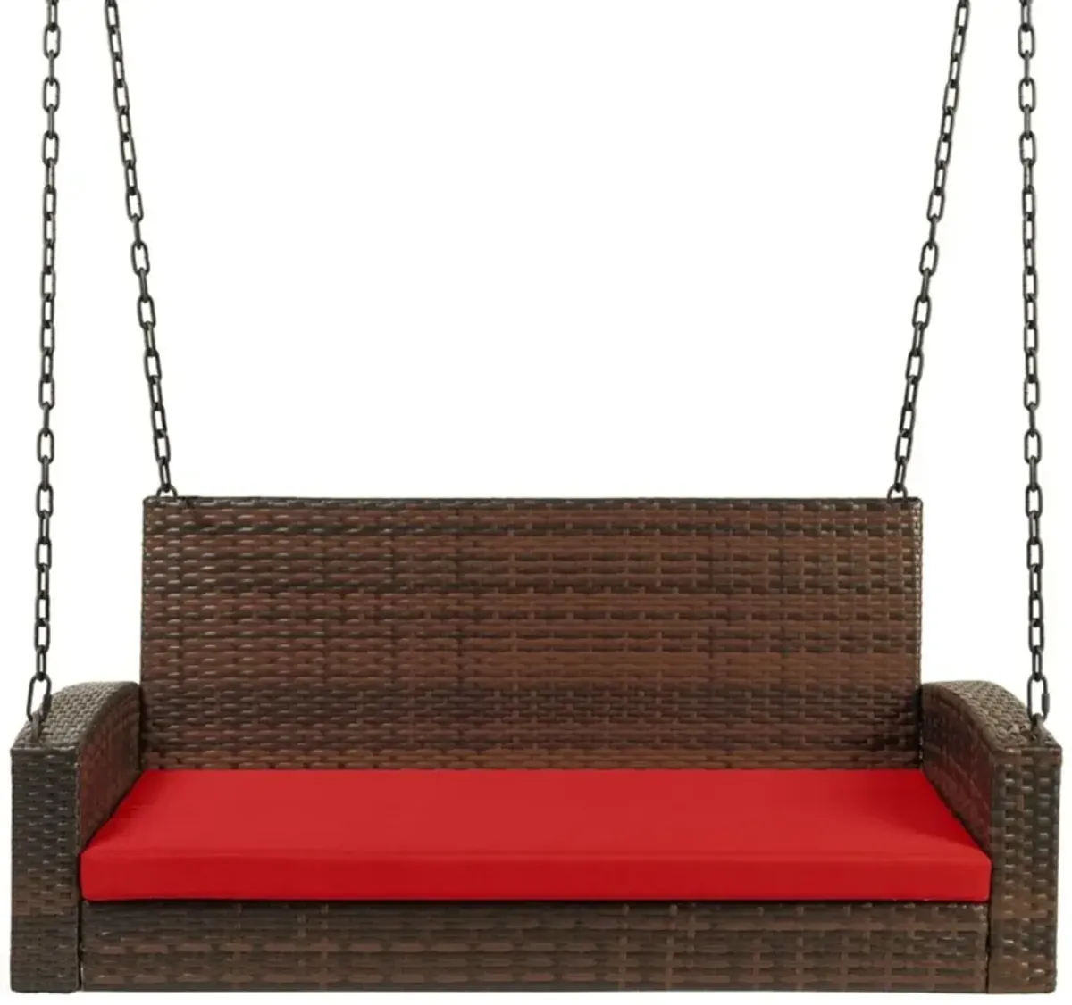 Hivvago Brown Wicker Hanging Patio Porch Swing Bench w/ Mounting Chains and Red Seat Cushion