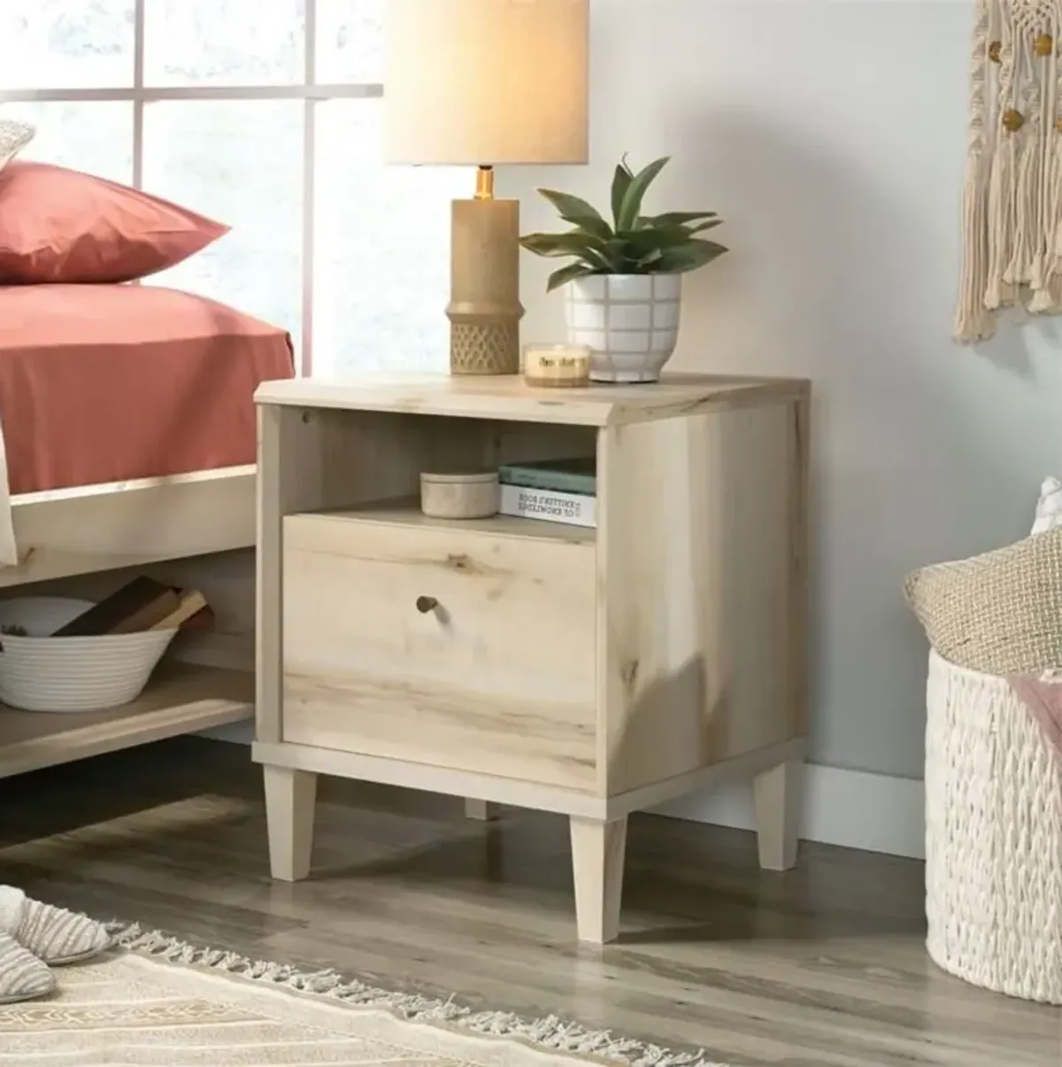 Hivvago Light Maple Wood Farmhouse Style 1-Drawer Nightstand with Open Shelf