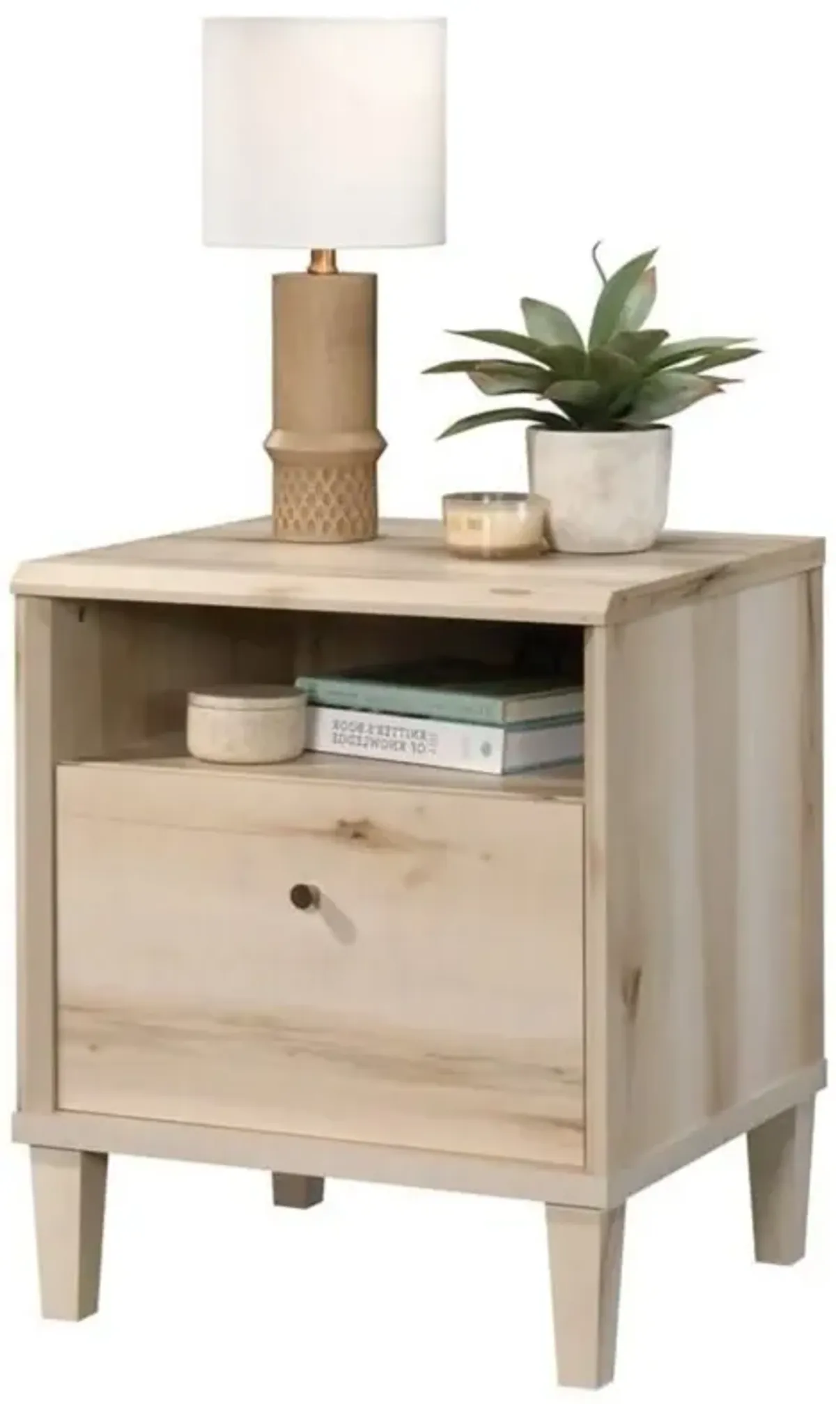 Hivvago Light Maple Wood Farmhouse Style 1-Drawer Nightstand with Open Shelf