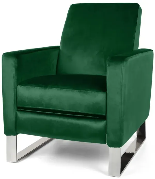 Reki Recliner Chair, Manual Push Back, Stainless Steel, Green Velvet - Benzara