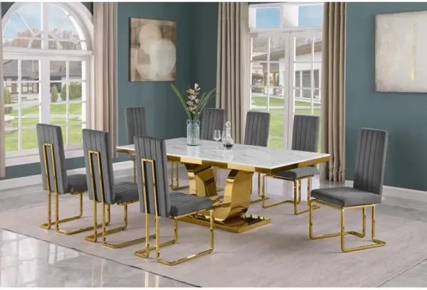 9pc Large(78") marble top dining set with gold base and 8 Dark grey side chairs