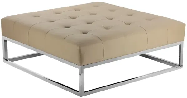 Ipp Ottoman, 40 Inch Square Tufted Beige Faux Leather, Chrome Steel - Benzara