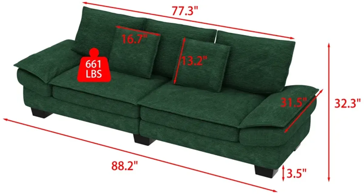 FUFU&GAGA Velvet Sofa with Plush Cushions, Ergonomic Backrest, Sturdy Base, (88.2" W x 31.5" D x 32.3" H), Green