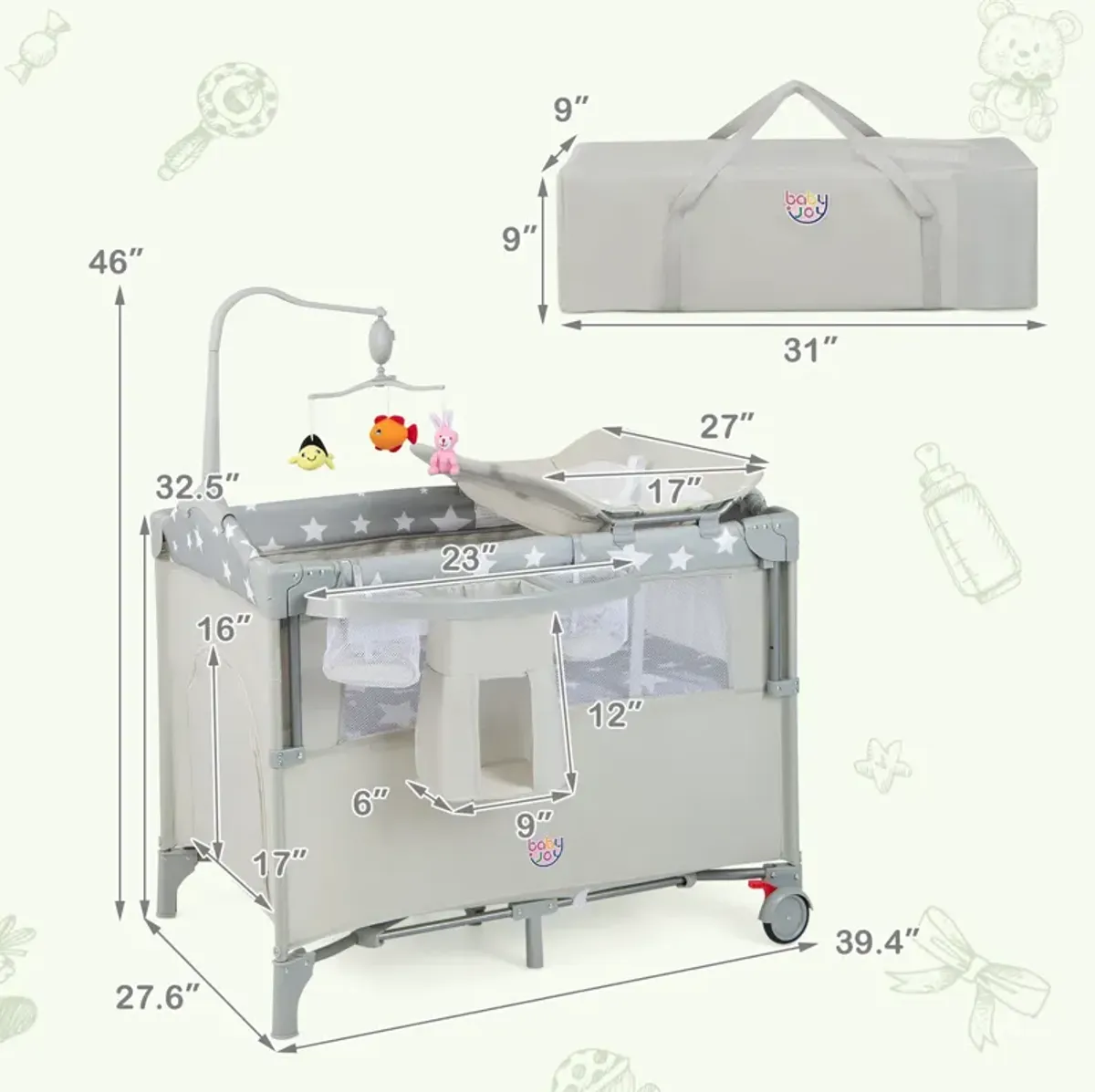 5-in-1  Portable Baby Beside Sleeper Bassinet Crib Playard with Diaper Changer