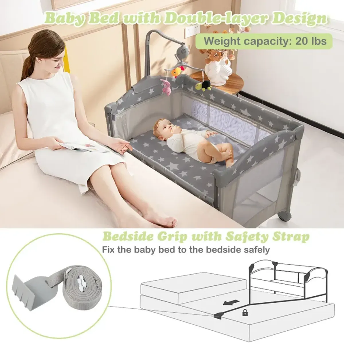 5-in-1  Portable Baby Beside Sleeper Bassinet Crib Playard with Diaper Changer