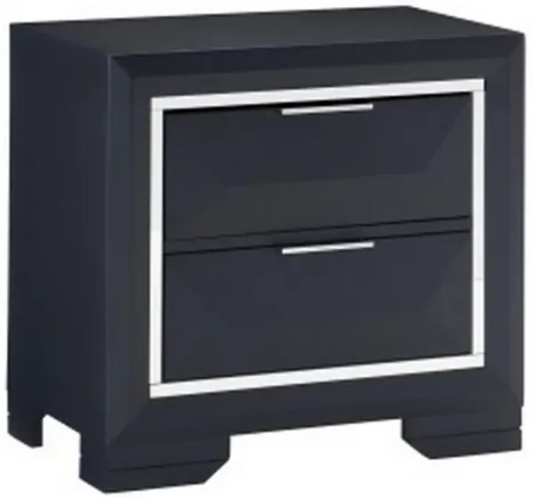 Rosy 27 Inch Nightstand, 2 Drawers, Chrome Accents, Midnight Blue Wood - Benzara