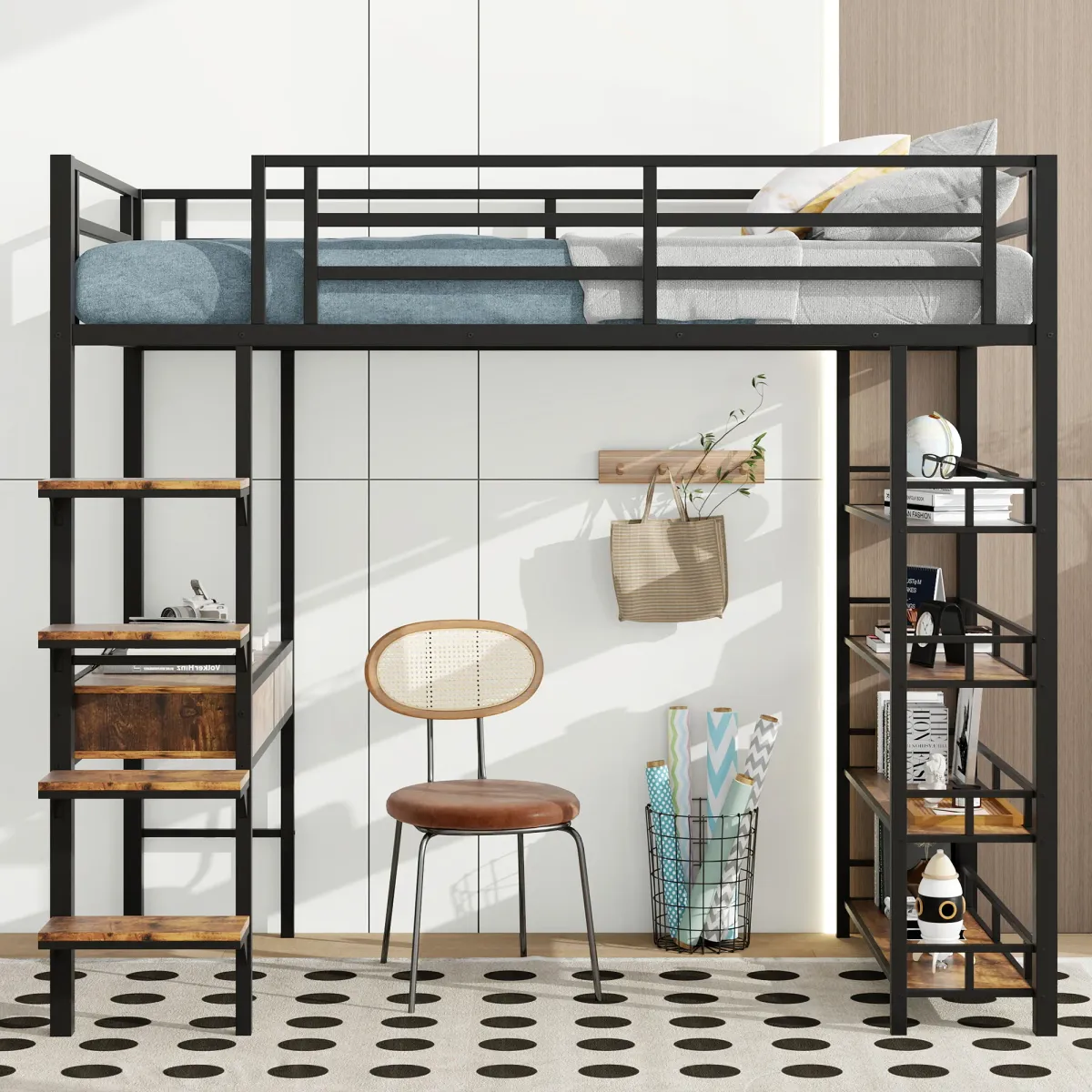 Merax Metal Loft Bed with Desk and Shelves