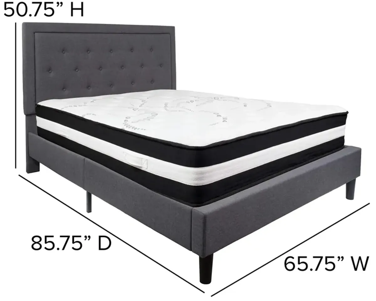 Roxbury Queen Size Tufted Upholstered Platform Bed in Dark Gray Fabric with Pocket Spring Mattress