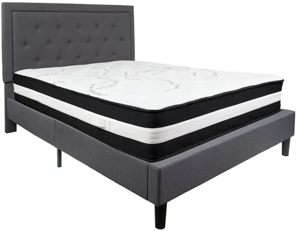 Roxbury Queen Size Tufted Upholstered Platform Bed in Dark Gray Fabric with Pocket Spring Mattress