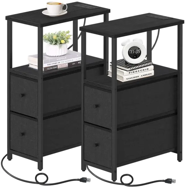 TUTOTAK Small Narrow End Table with Charging Station, Set of 2, Side Table with Outlets, Nightstand with 2 Cloth Drawers, Couch
