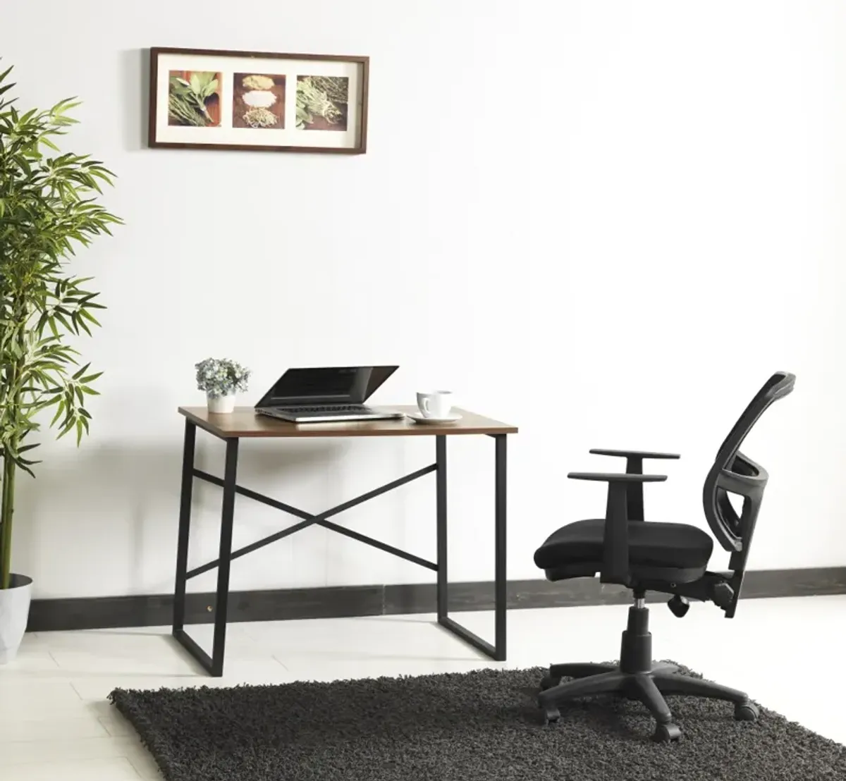 Furnish Home Store Lator Black Metal Frame 35" Wooden Top Small Writing and Computer Desk