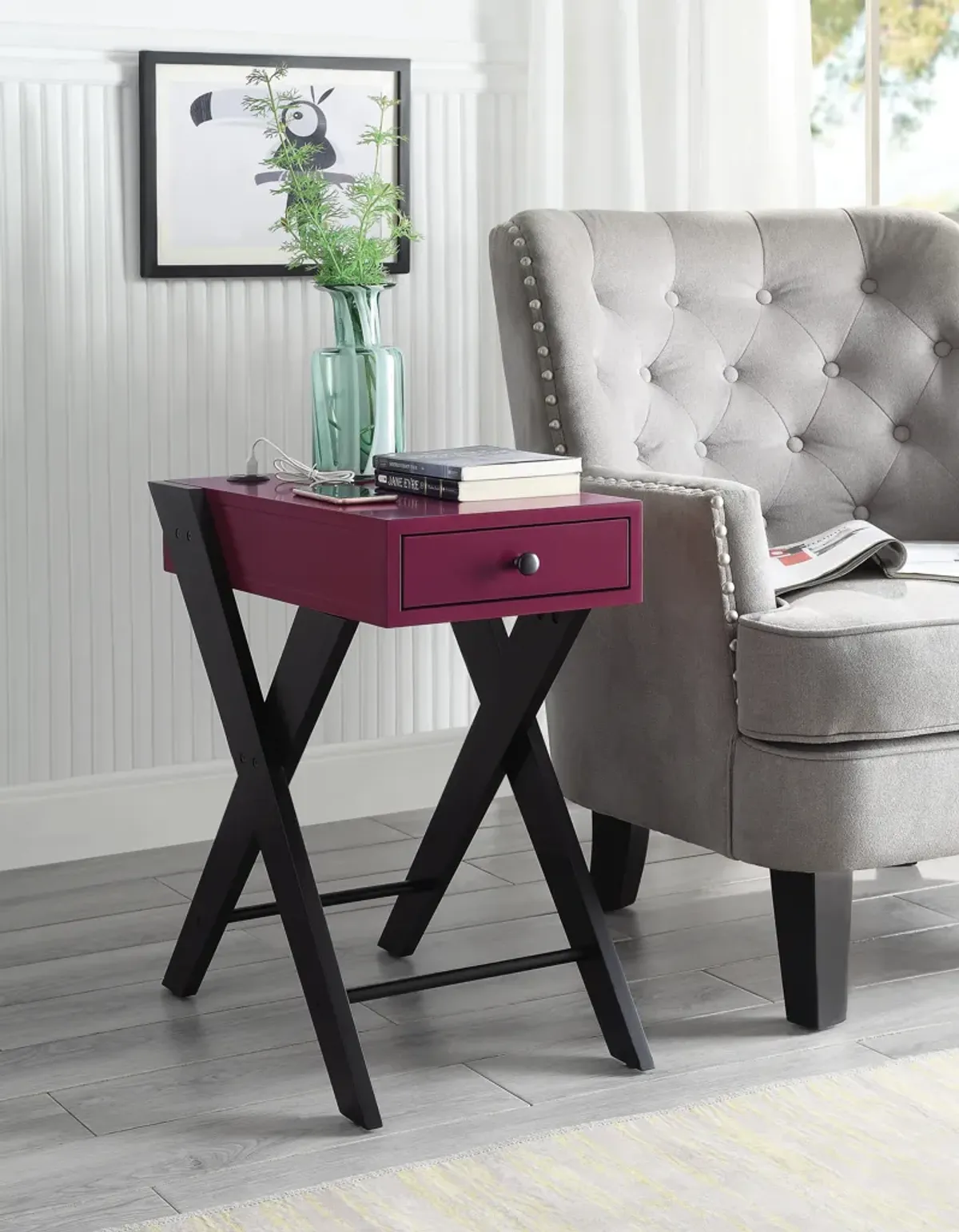 ACME Fierce Accent Table w/USB, Burgundy & Black