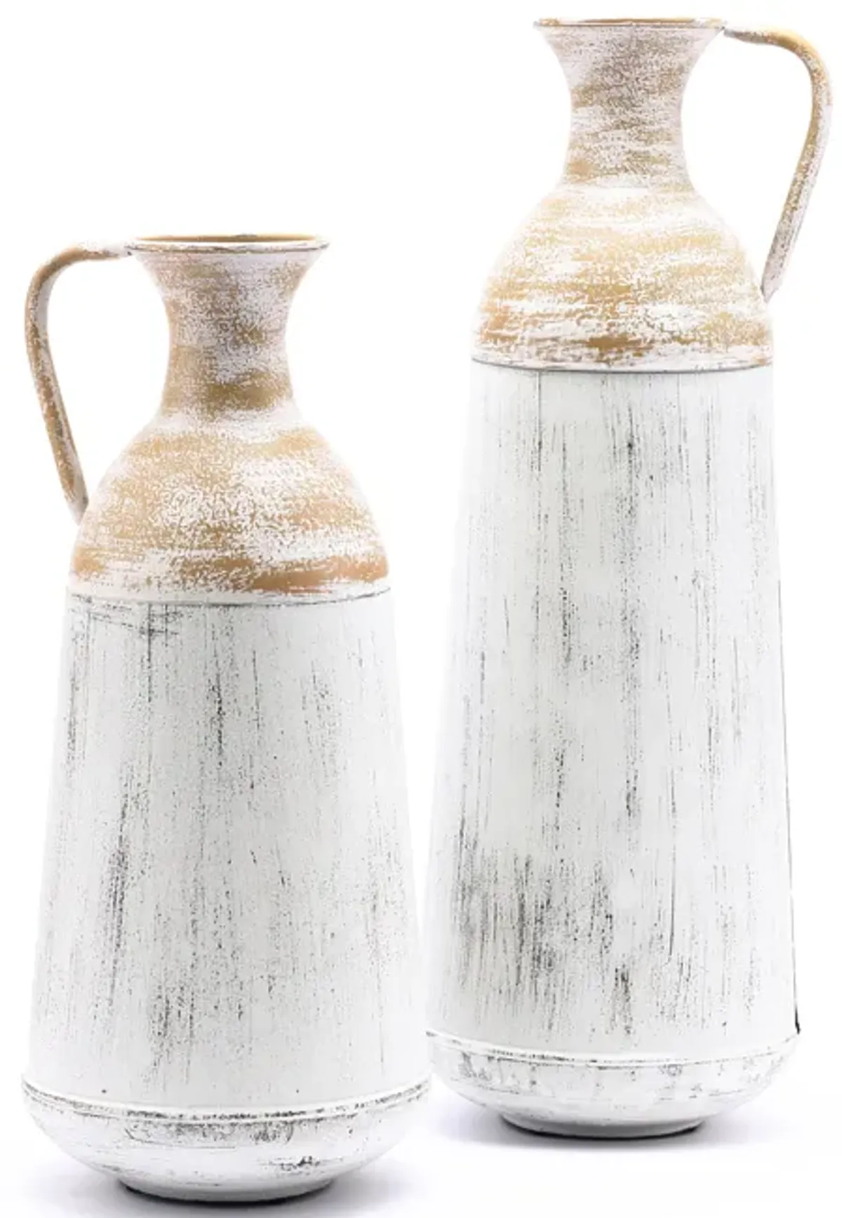 LuxenHome Set of 2 Distressed Off White and Rustic Brown Metal Pitcher Vase