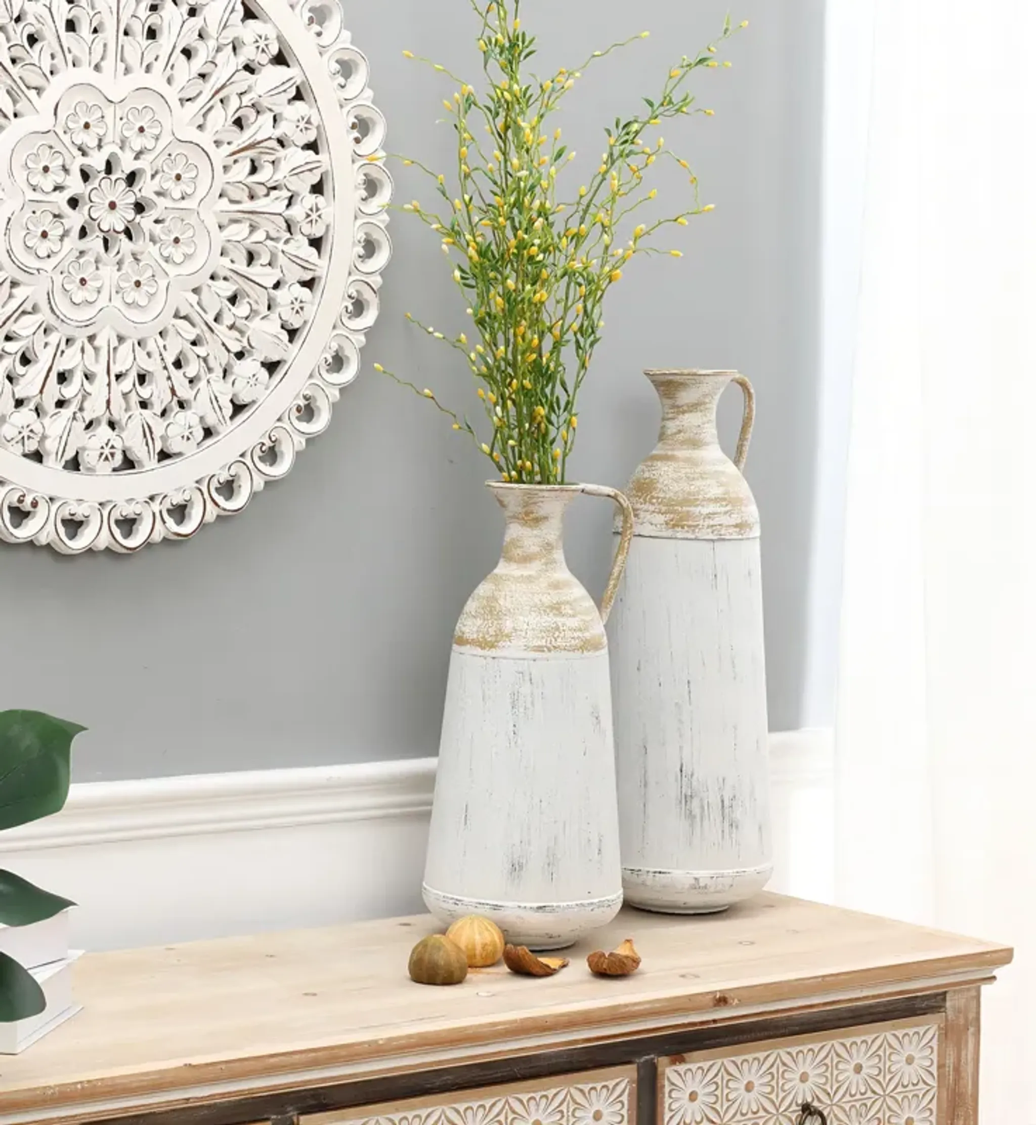 Luxenhome Set Of 2 Distressed Off White And Rustic Brown Metal Pitcher ...