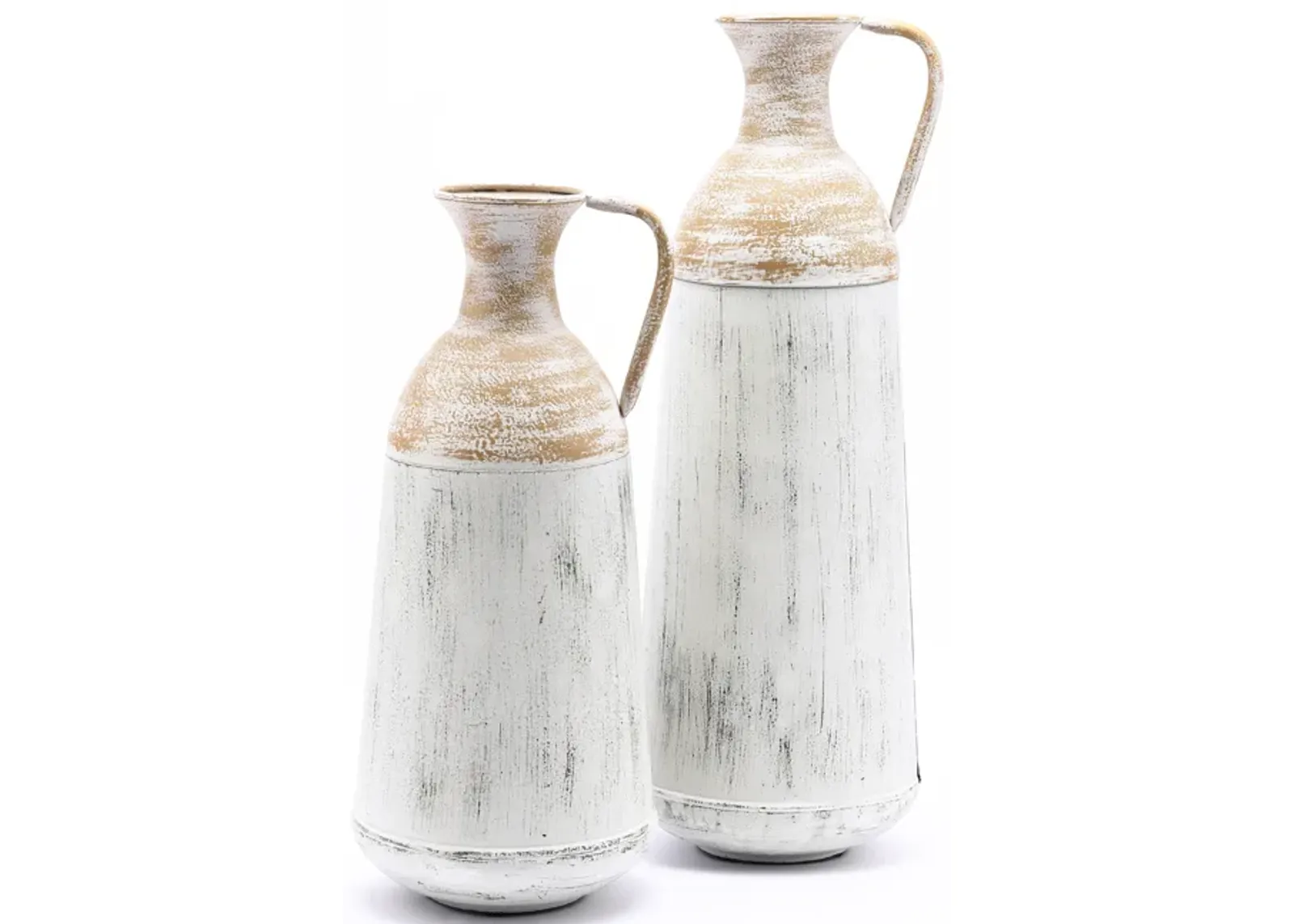 LuxenHome Set of 2 Distressed Off White and Rustic Brown Metal Pitcher Vase