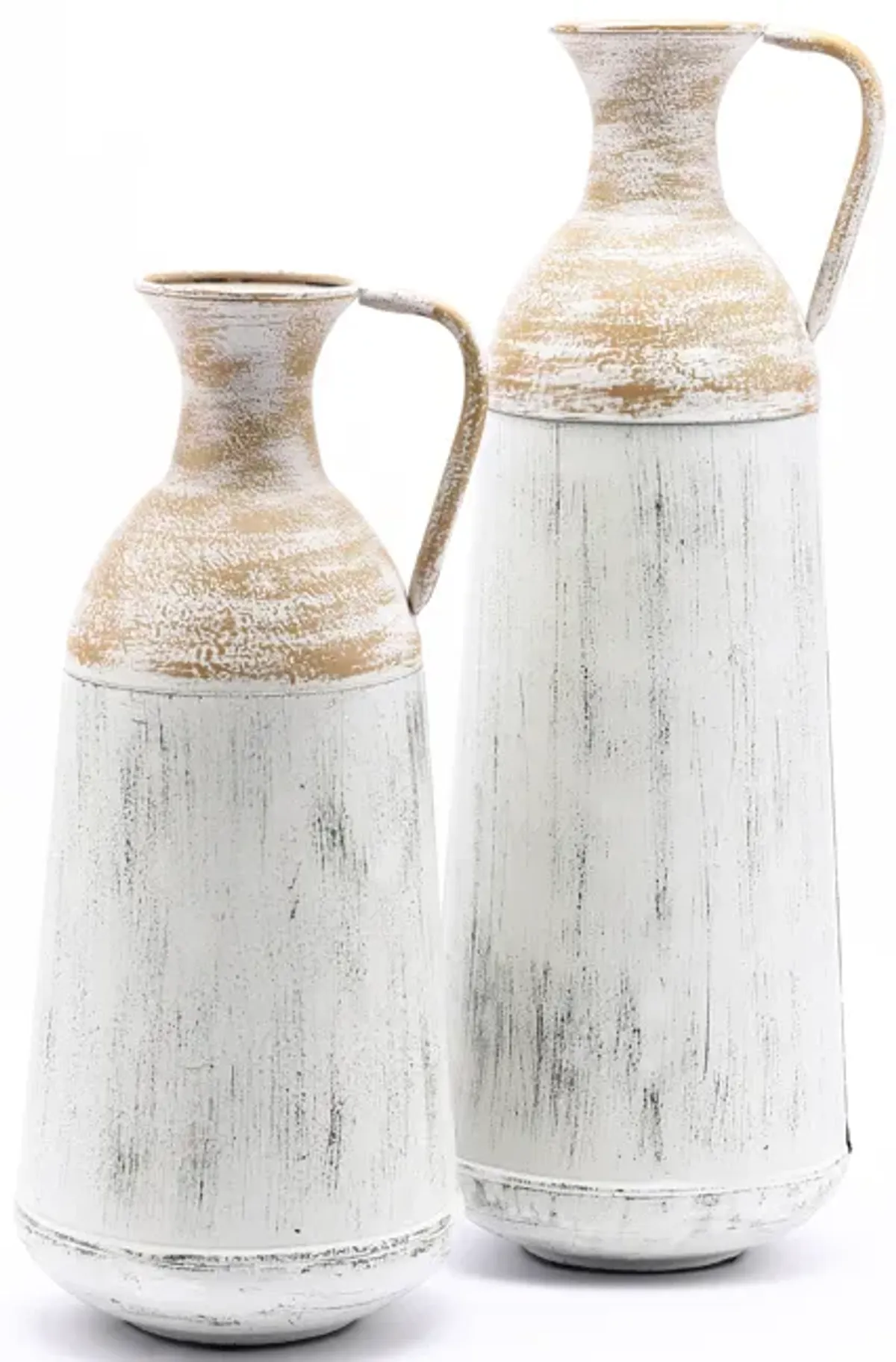 LuxenHome Set of 2 Distressed Off White and Rustic Brown Metal Pitcher Vase