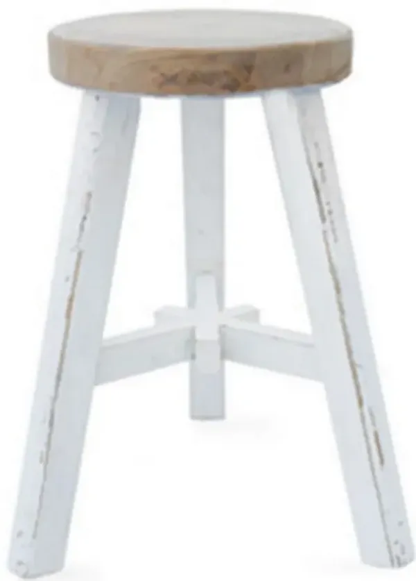 17 Inch Accent Stool, Round Brown Seat, Hand Painted White Tripod Legs