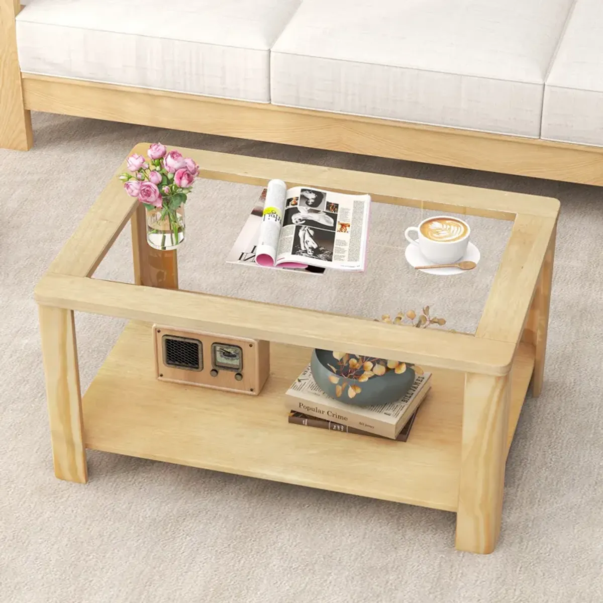 2-Tier Rectangular Coffee Table with Tempered Glass Top and Storage Shelf Stylish Center Table