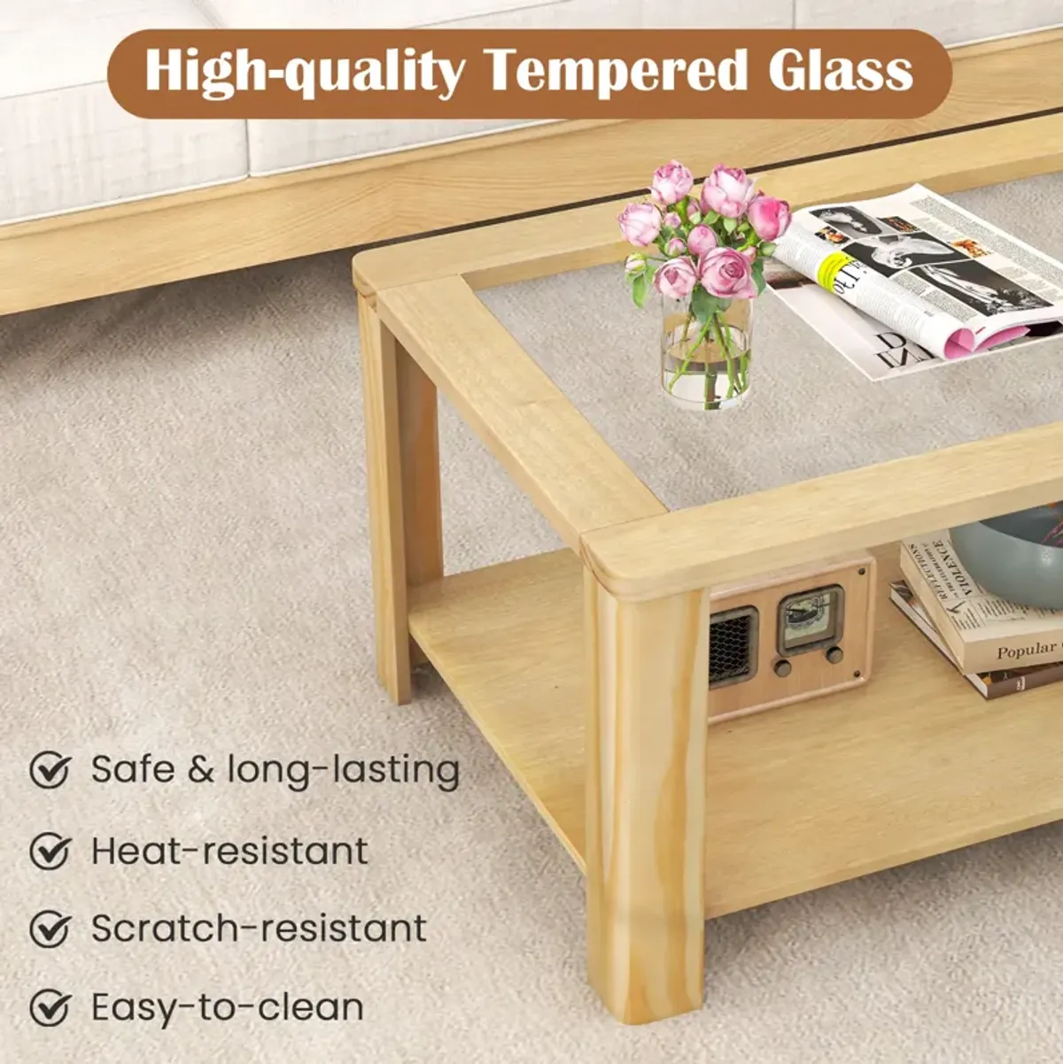 2-Tier Rectangular Coffee Table with Tempered Glass Top and Storage Shelf Stylish Center Table