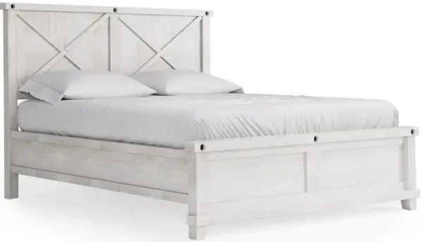Liu California King Bed, Rough Hewn Planks, Crossbuck Headboard, White - Benzara