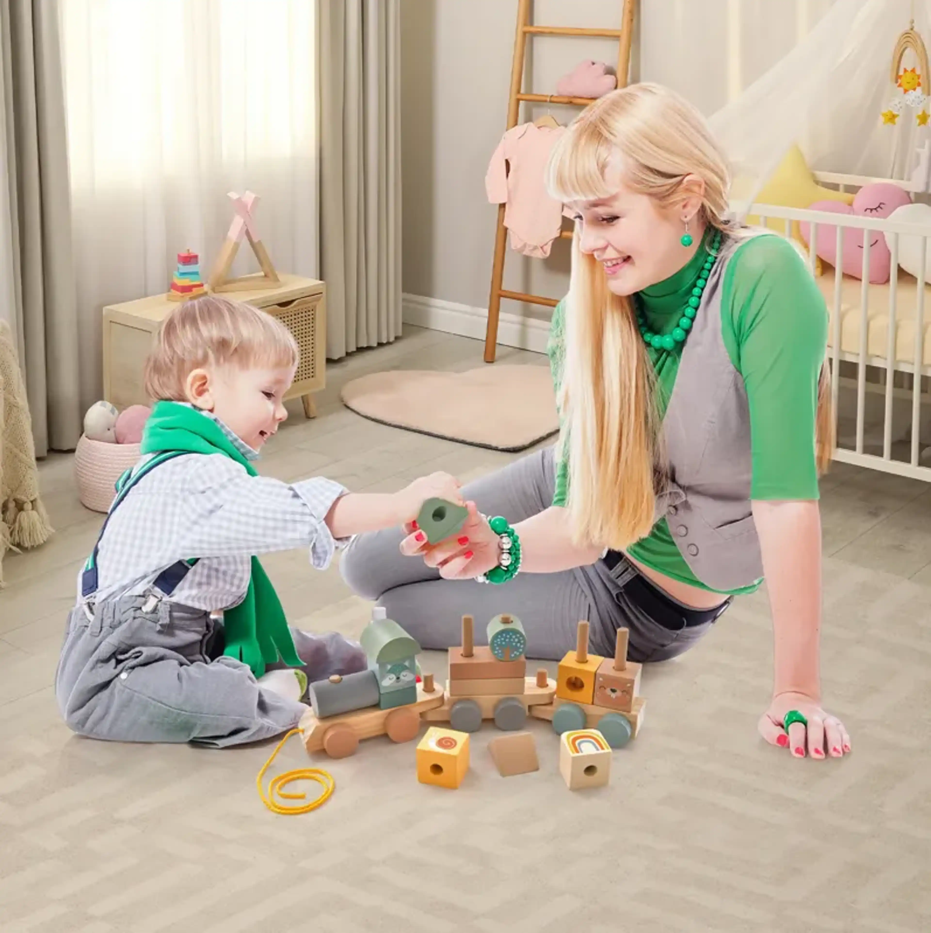 Wooden Toy Train Set With Stacking Wooden Blocks And Cute Animal ...