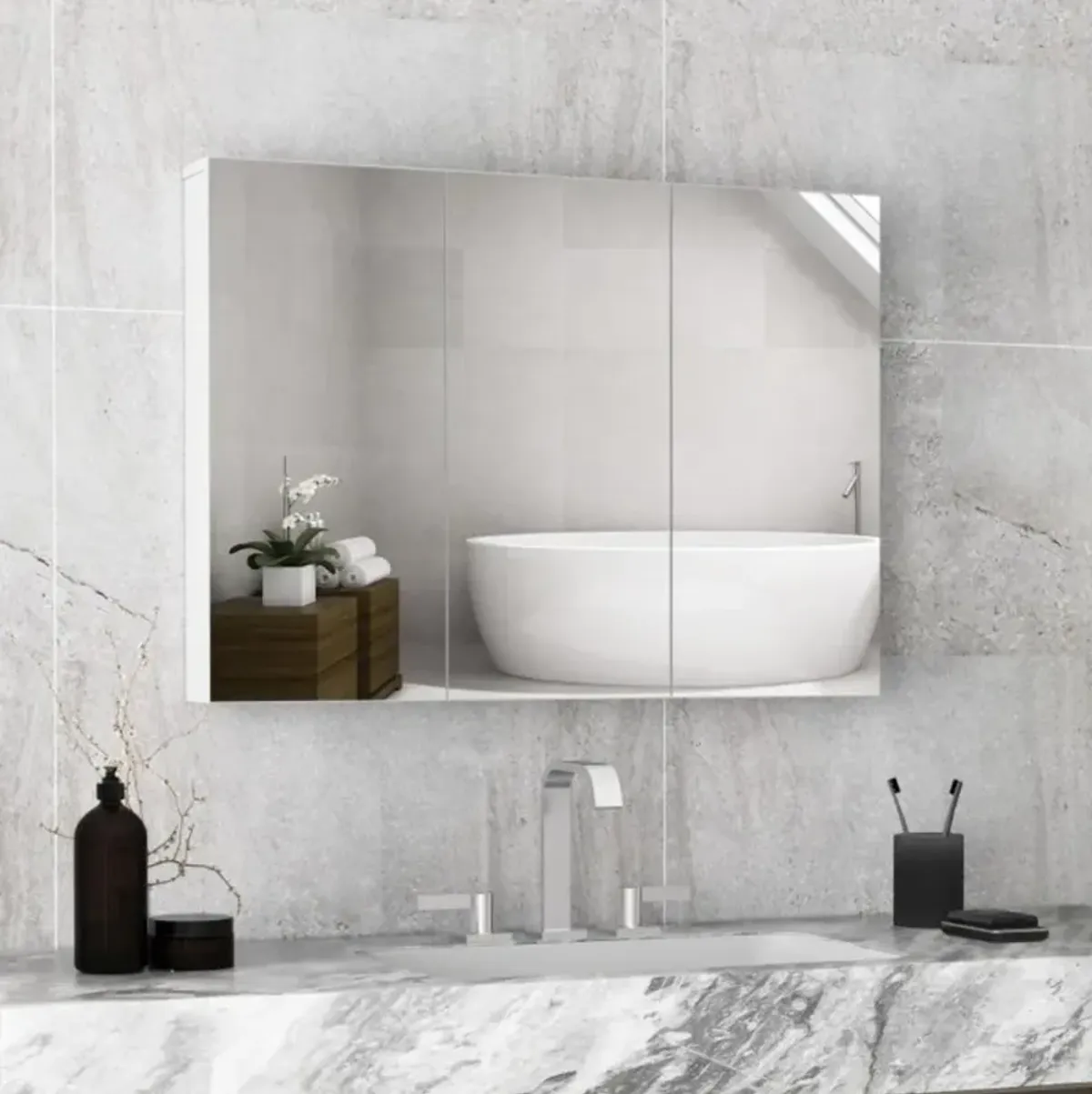 Hivvago Frameless Bathroom Wall Mounted Mirror Cabinet with 3 Doors and Adjustable Shelves