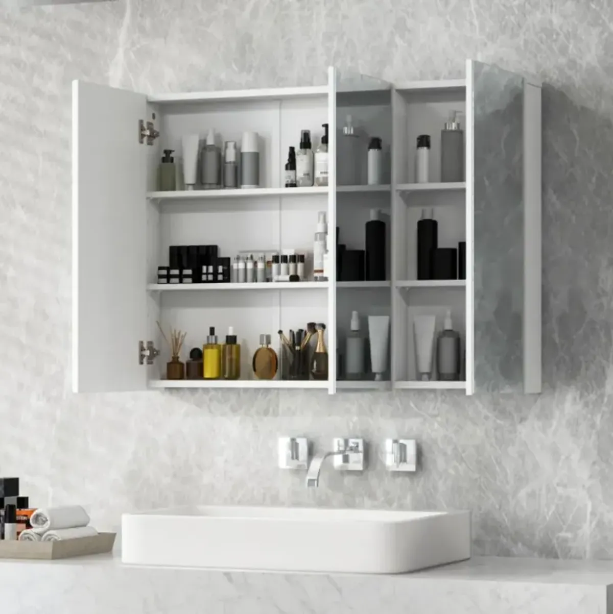 Hivvago Frameless Bathroom Wall Mounted Mirror Cabinet with 3 Doors and Adjustable Shelves