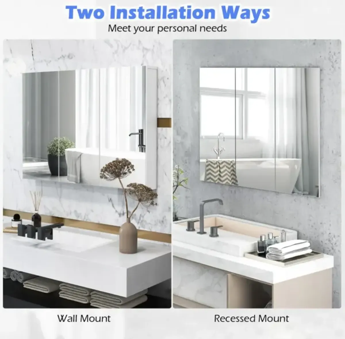 Hivvago Frameless Bathroom Wall Mounted Mirror Cabinet with 3 Doors and Adjustable Shelves