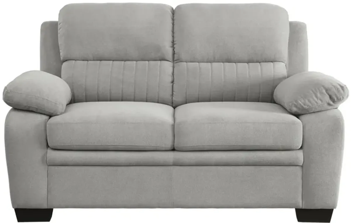 Hugh 58 Inch Loveseat, Gray Polyester, Soft Foam Cushioned, Solid Wood - Benzara