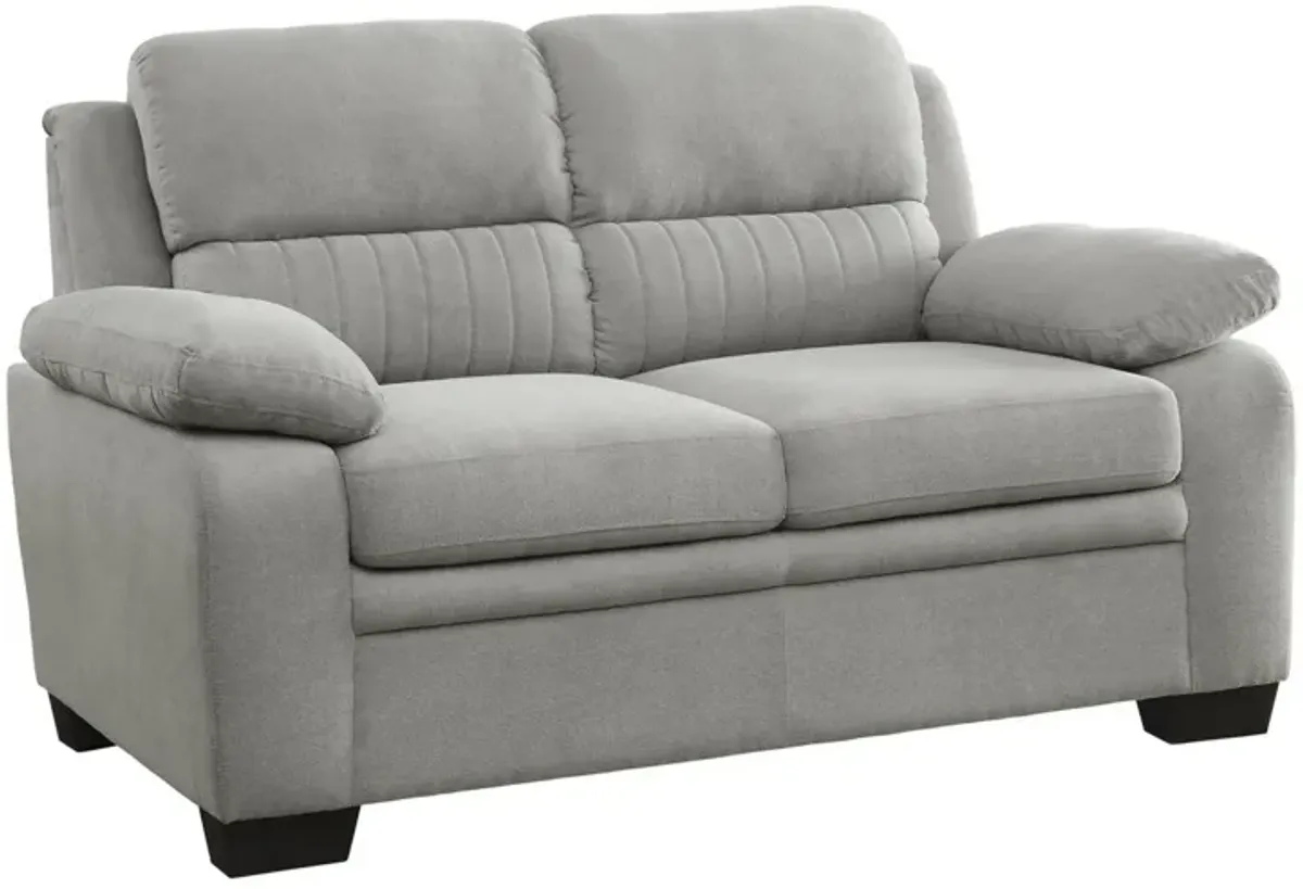 Hugh 58 Inch Loveseat, Gray Polyester, Soft Foam Cushioned, Solid Wood - Benzara