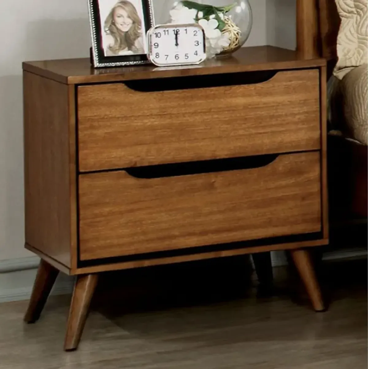 Lennart Mid Century Modern Nightstand, Light Oak-Benzara