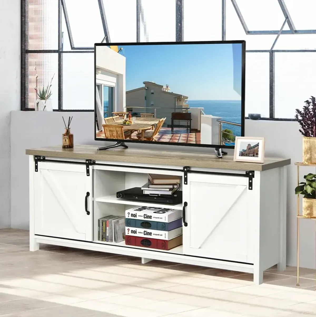 TV Stand Media Center Console Cabinet with Sliding Barn Door