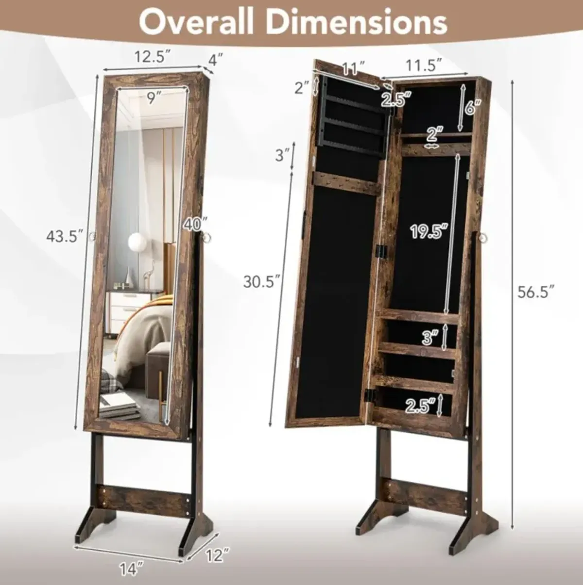 Hivvago Mirrored Standing Jewelry Cabinet Storage Box