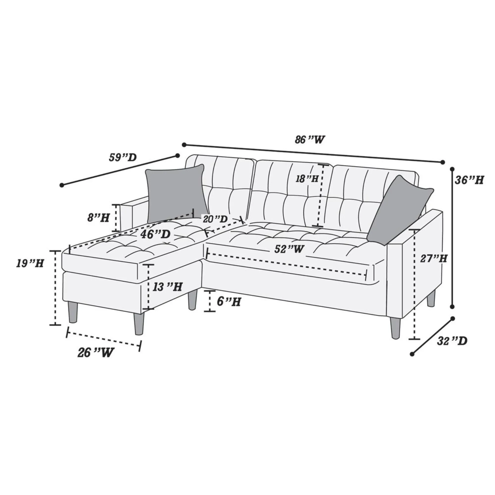 Polyfiber Modular Sectional Sofa Living Room Furniture with Reversible Chaise Pillows ufted Back
