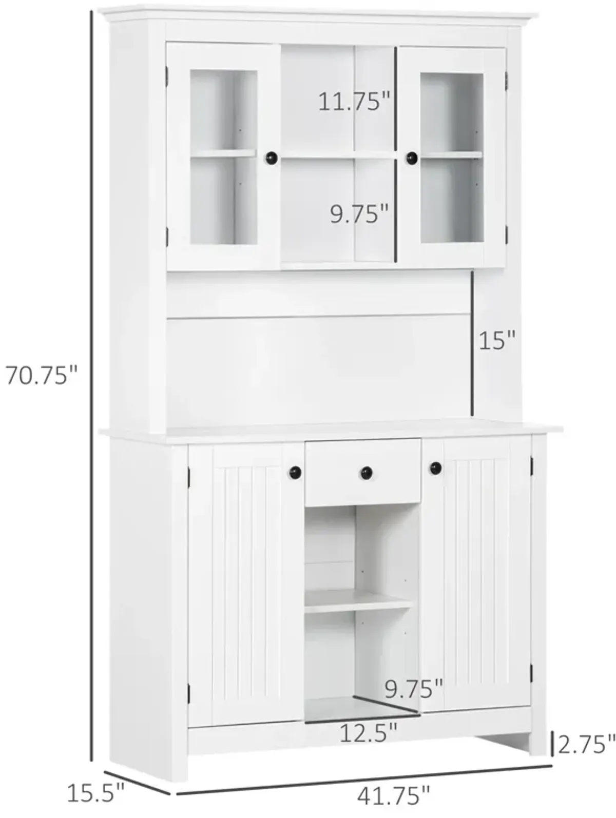 HOMCOM Freestanding Rustic Buffet with Hutch, 4 Door Farmhouse Kitchen Pantry Cabinet, Microwave Stand with Beadboard Panel, Drawer and Adjustable Shelves, White