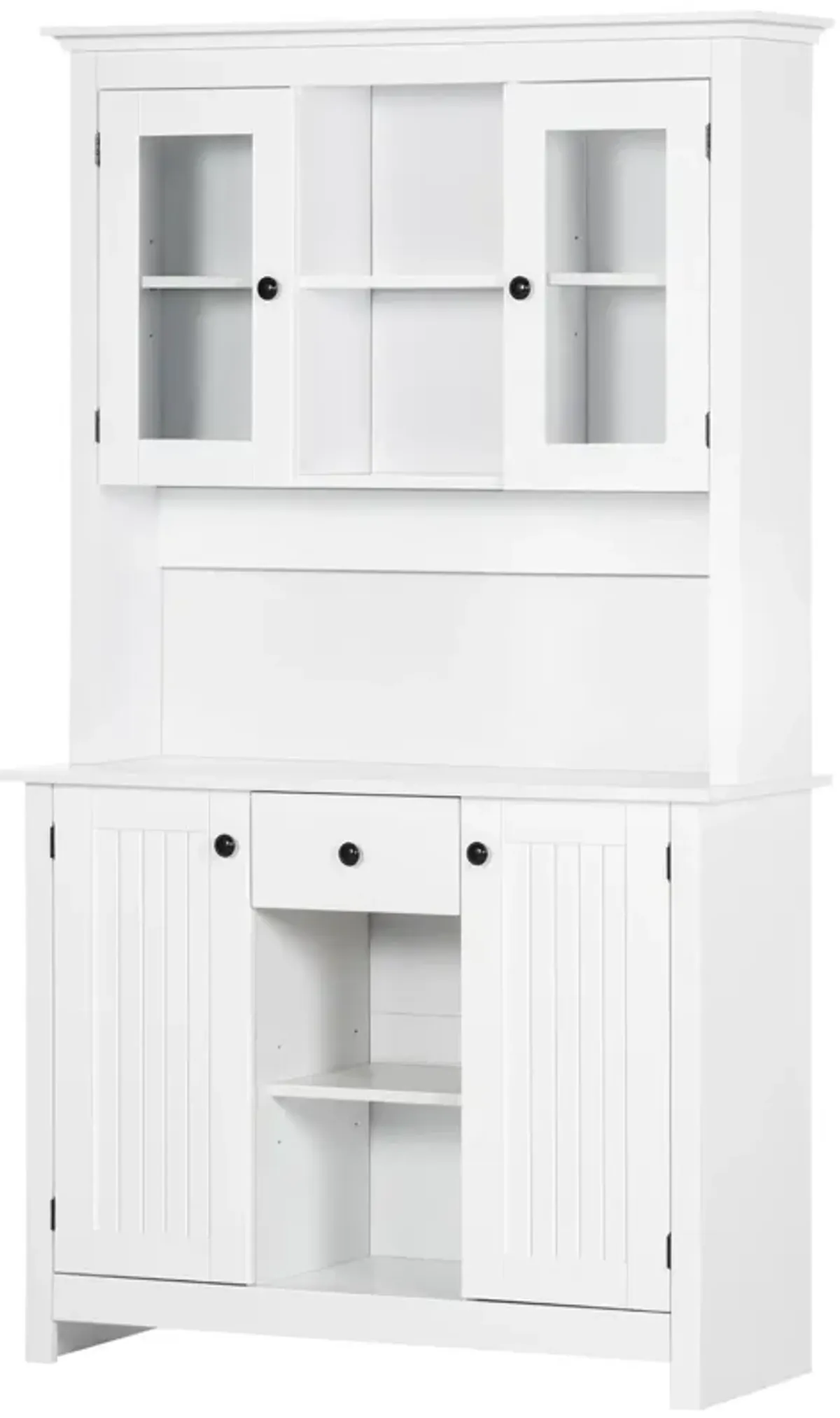 HOMCOM Freestanding Rustic Buffet with Hutch, 4 Door Farmhouse Kitchen Pantry Cabinet, Microwave Stand with Beadboard Panel, Drawer and Adjustable Shelves, White