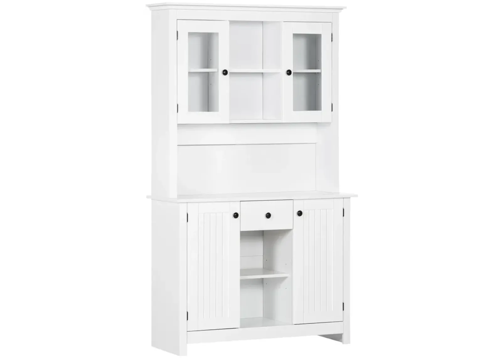 HOMCOM Freestanding Rustic Buffet with Hutch, 4 Door Farmhouse Kitchen Pantry Cabinet, Microwave Stand with Beadboard Panel, Drawer and Adjustable Shelves, White