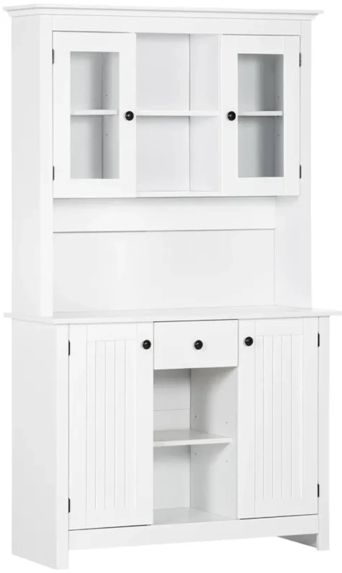 HOMCOM Freestanding Rustic Buffet with Hutch, 4 Door Farmhouse Kitchen Pantry Cabinet, Microwave Stand with Beadboard Panel, Drawer and Adjustable Shelves, White