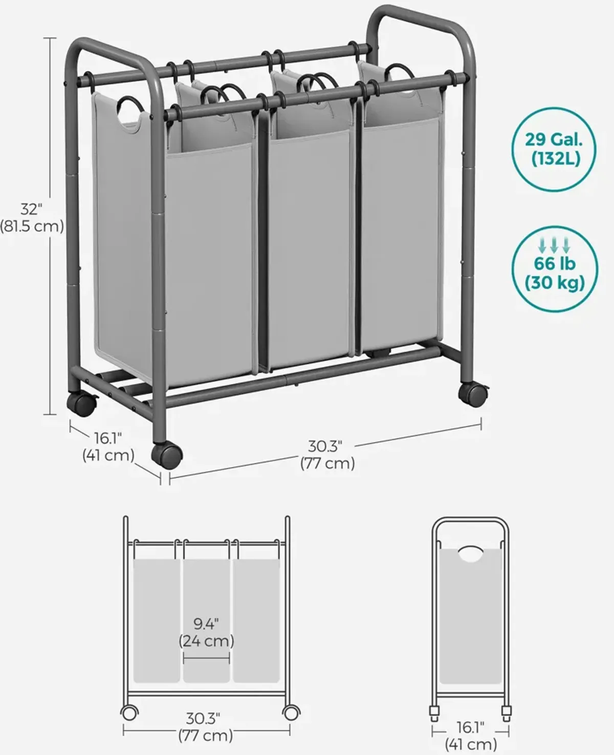 3-Section Laundry Hamper with Lockable Wheels