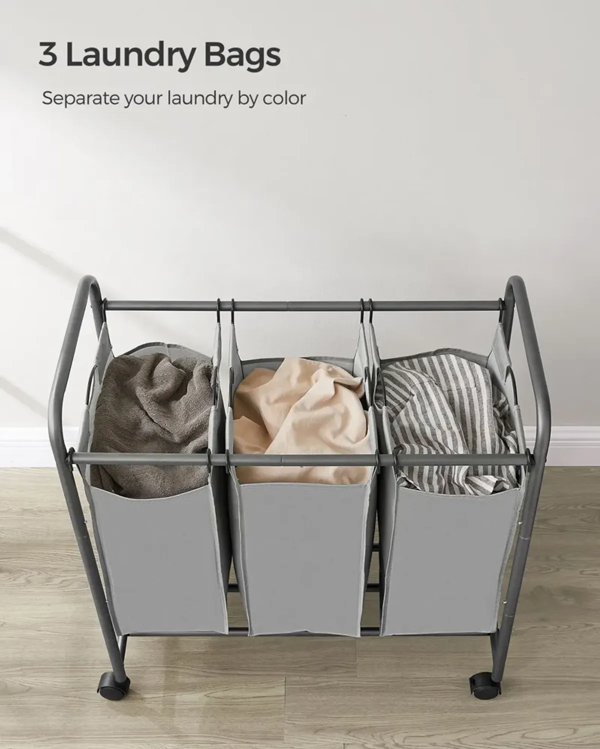 3-Section Laundry Hamper with Lockable Wheels