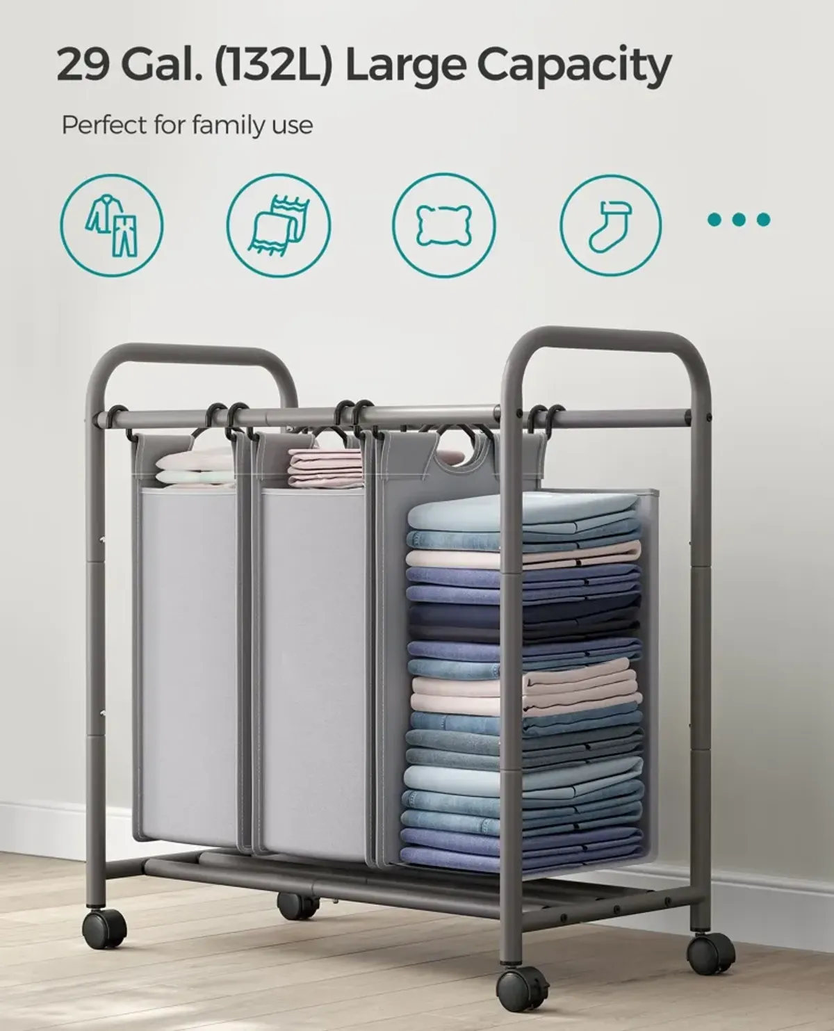 3-Section Laundry Hamper with Lockable Wheels