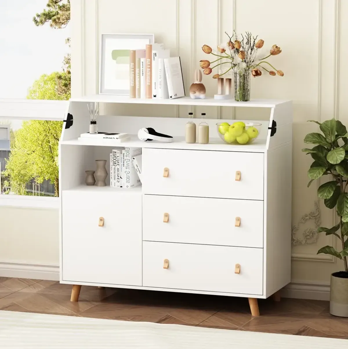 White 4-Drawer 45 in. Width, Wooden Stylish Chest of Drawers, Dresser, Storage Cabinet with Open Shelf