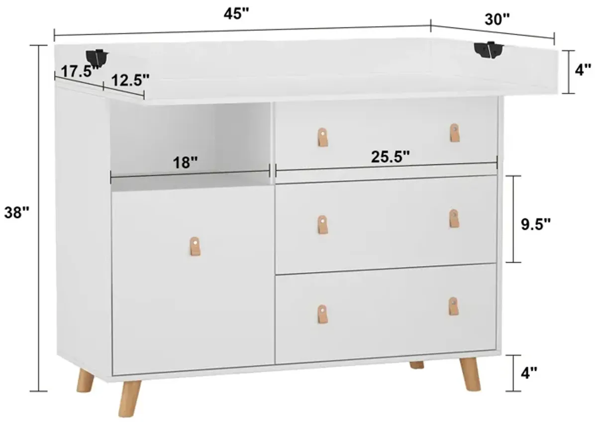 White 4-Drawer 45 in. Width, Wooden Stylish Chest of Drawers, Dresser, Storage Cabinet with Open Shelf