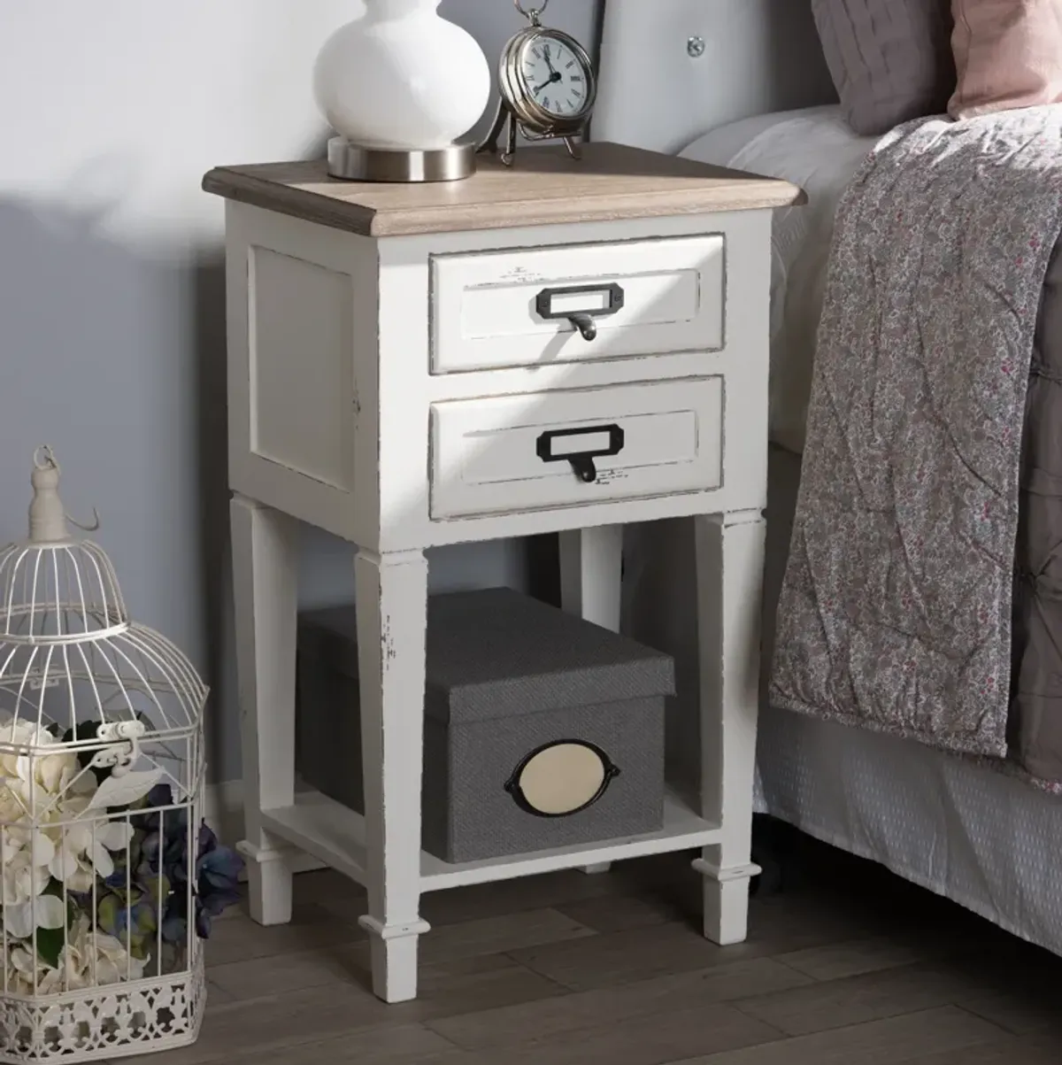 Baxton Studio Dauphine Weathered Oak And White Wash Distressed Finish Wood Nightstand