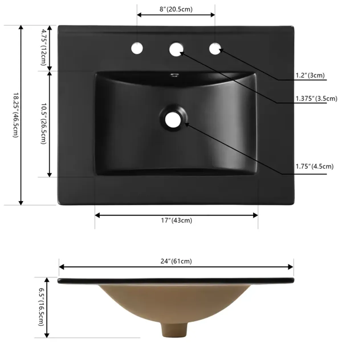 Ancillary 3-Hole Classic Contemporary Rectangular Ceramic Single Sink Basin Vanity Top