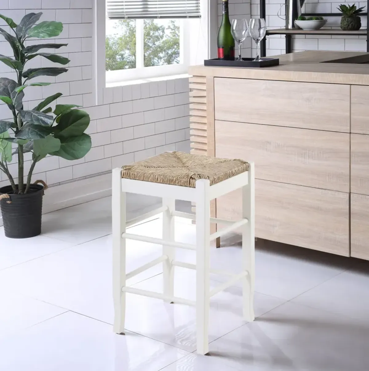 Square Wooden Frame Counter Stool with Hand Woven Rush, White and Brown-Benzara