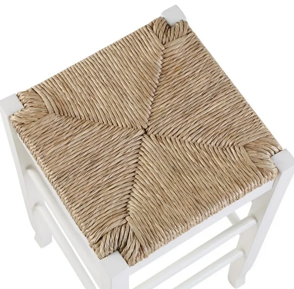 Square Wooden Frame Counter Stool with Hand Woven Rush, White and Brown-Benzara