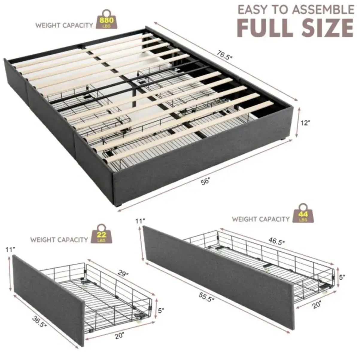 Hivvago Full/Queen Size Upholstered Platform Bed Frame with 3 Storage Drawers