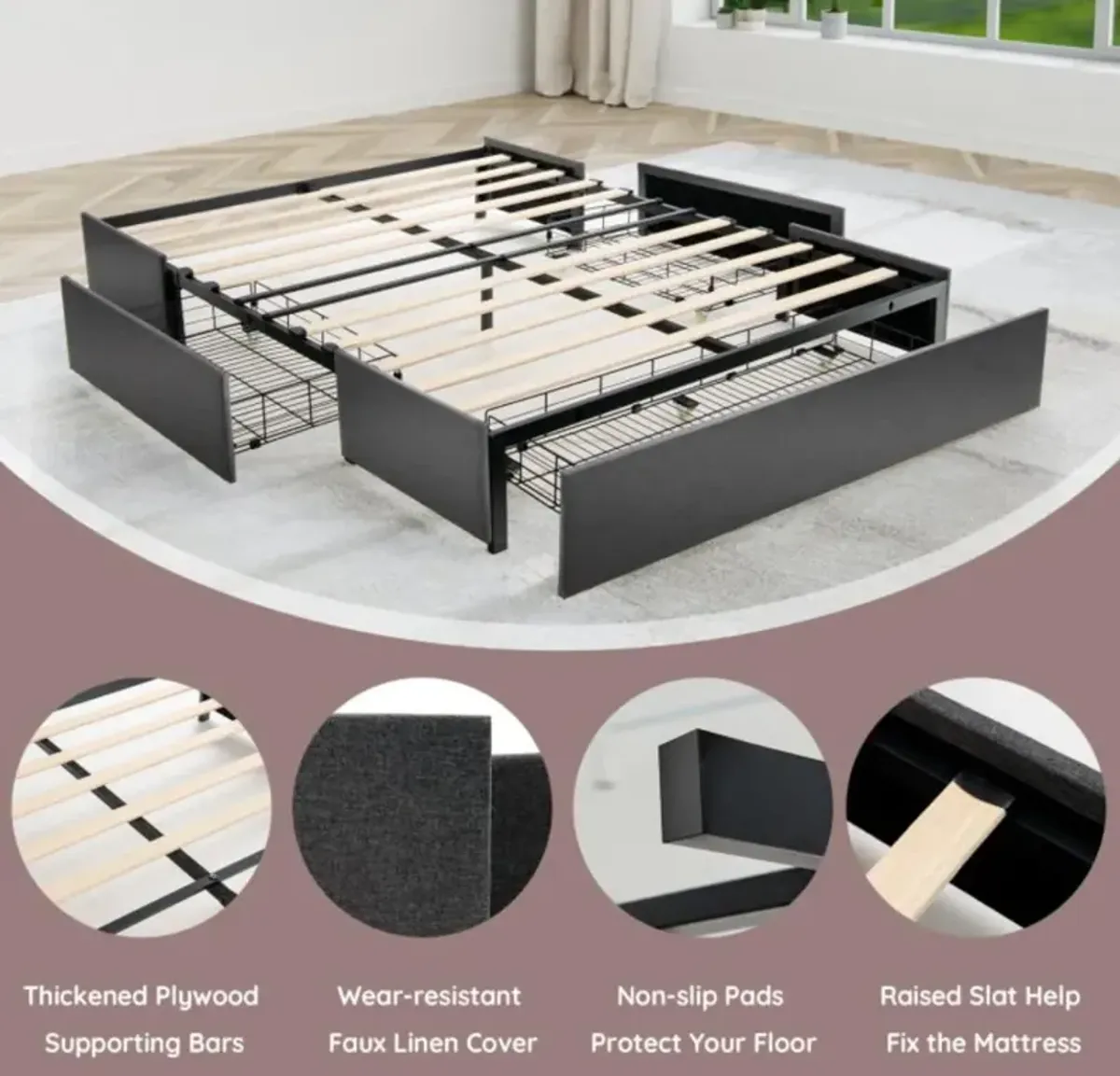 Hivvago Full/Queen Size Upholstered Platform Bed Frame with 3 Storage Drawers