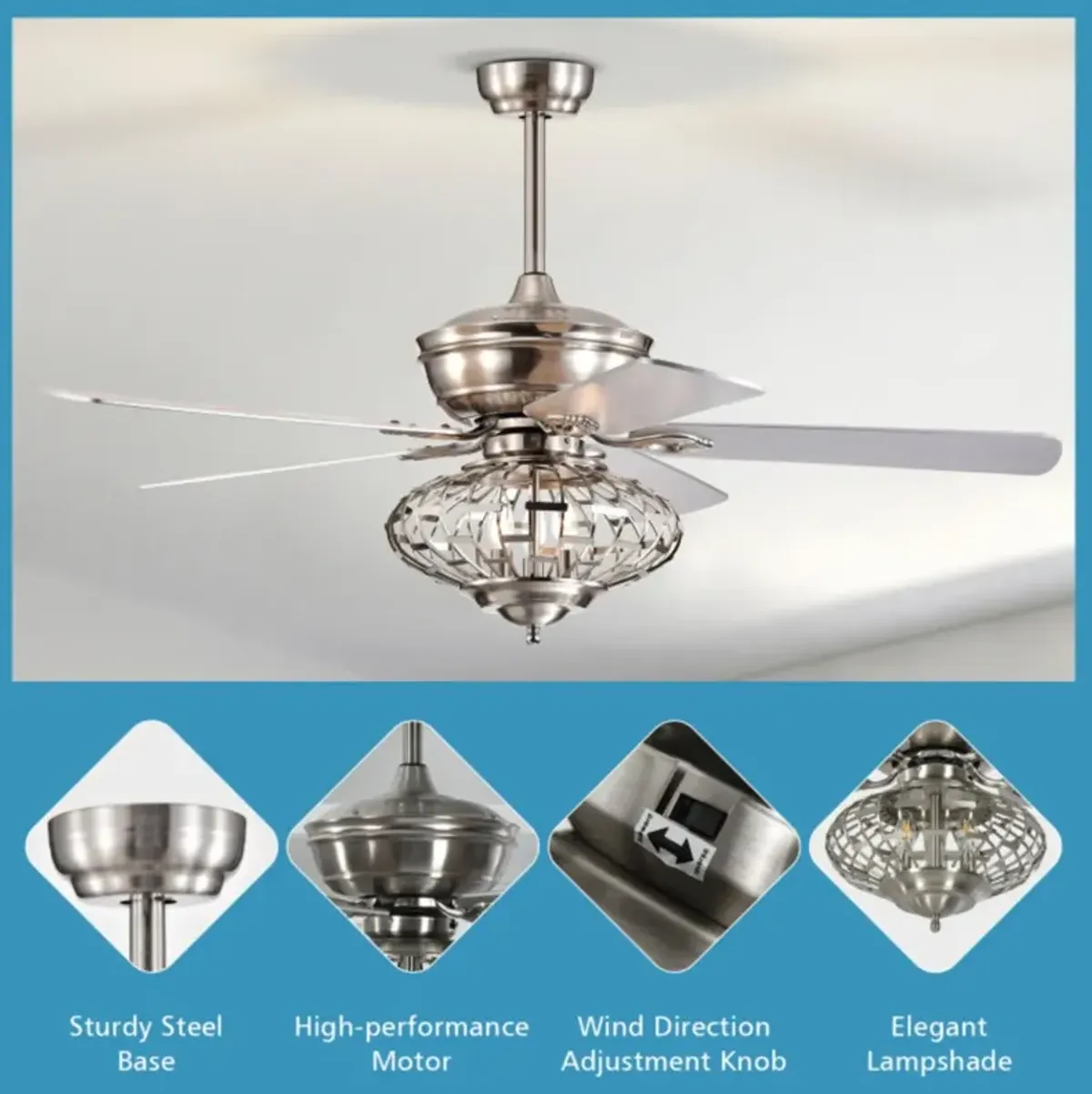 Hivvago 52 Inches Ceiling Fan with Wooden Blades and Remote Control-Silver